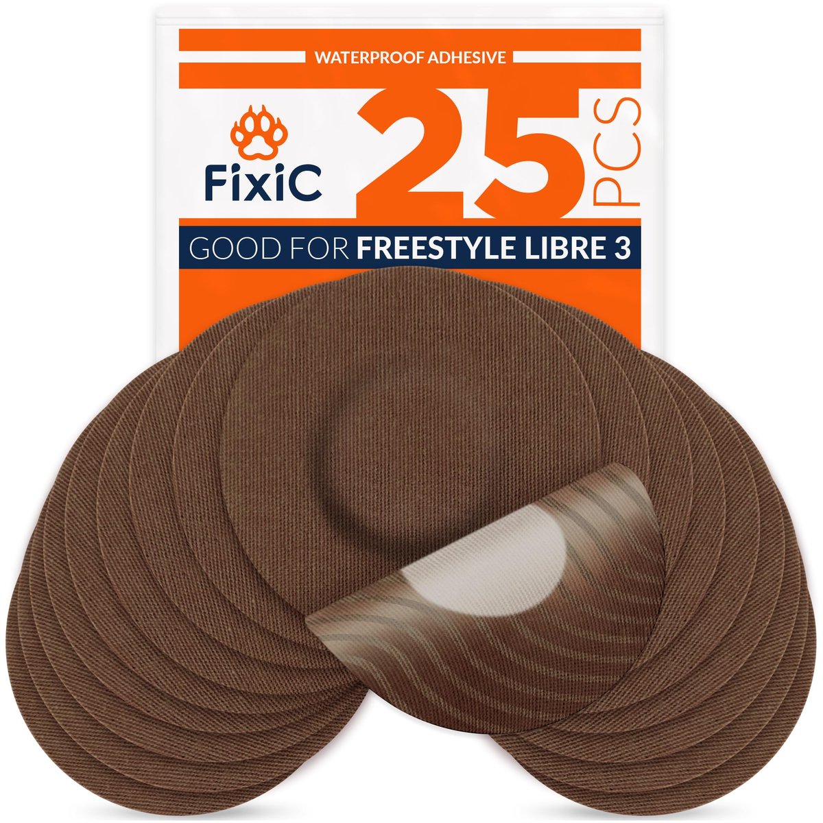 Fixic Libre 3 Sensor Covers - 25er Pack - Freestyle Klebepflaster für Libre 3 & Plus Sensoren - Kein Kleber in der Mitte - Vorgeschnittene Rückseite - Die beste Fixierung für Ihren Sensor! (Verbessert, Coffee)