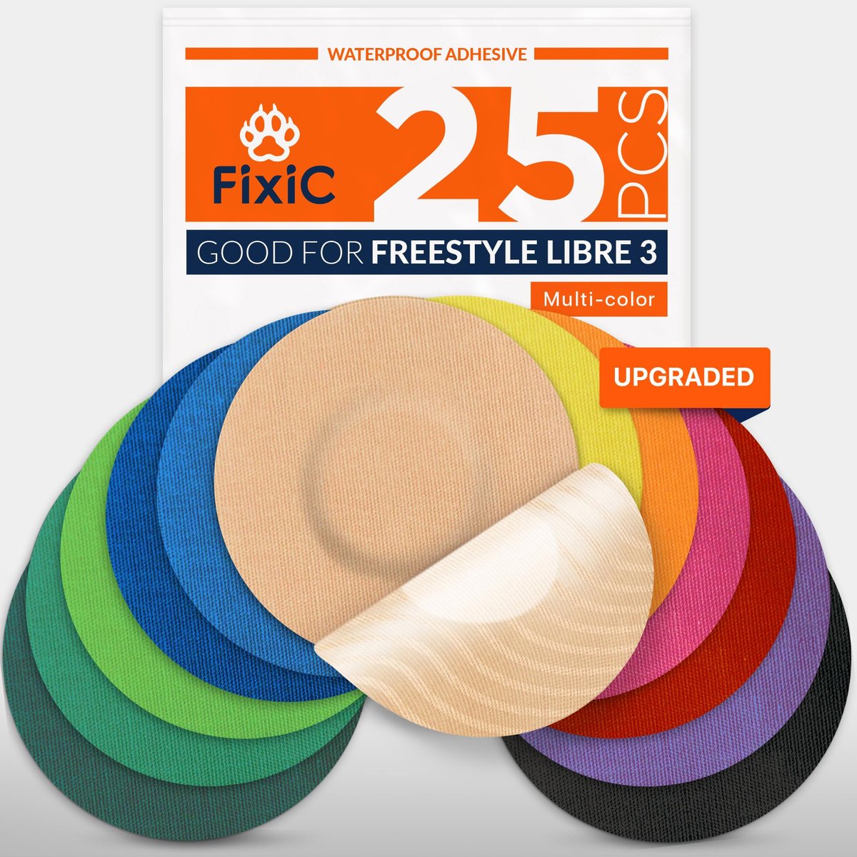 Fixic Libre 3 Sensor Covers – 25er Pack – Klebepflaster für Freestyle Libre 3 & Plus Sensoren – Kein Kleber in der Mitte – Vorgeschnittene Rückseite – Die beste Fixierung für Ihren Sensor! (Verbessert, Mehrfarbig)