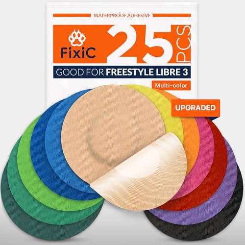 Fixic Libre 3 Sensor Covers – 25er Pack – Klebepflaster für Freestyle Libre 3 & Plus Sensoren – Kein Kleber in der Mitte – Vorgeschnittene Rückseite – Die beste Fixierung für Ihren Sensor! (Verbessert, Mehrfarbig)
