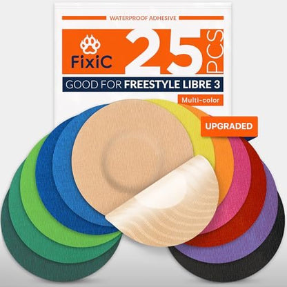 Fixic Libre 3 Sensor Covers – 25er Pack – Klebepflaster für Freestyle Libre 3 & Plus Sensoren – Kein Kleber in der Mitte – Vorgeschnittene Rückseite – Die beste Fixierung für Ihren Sensor! (Verbessert, Mehrfarbig)