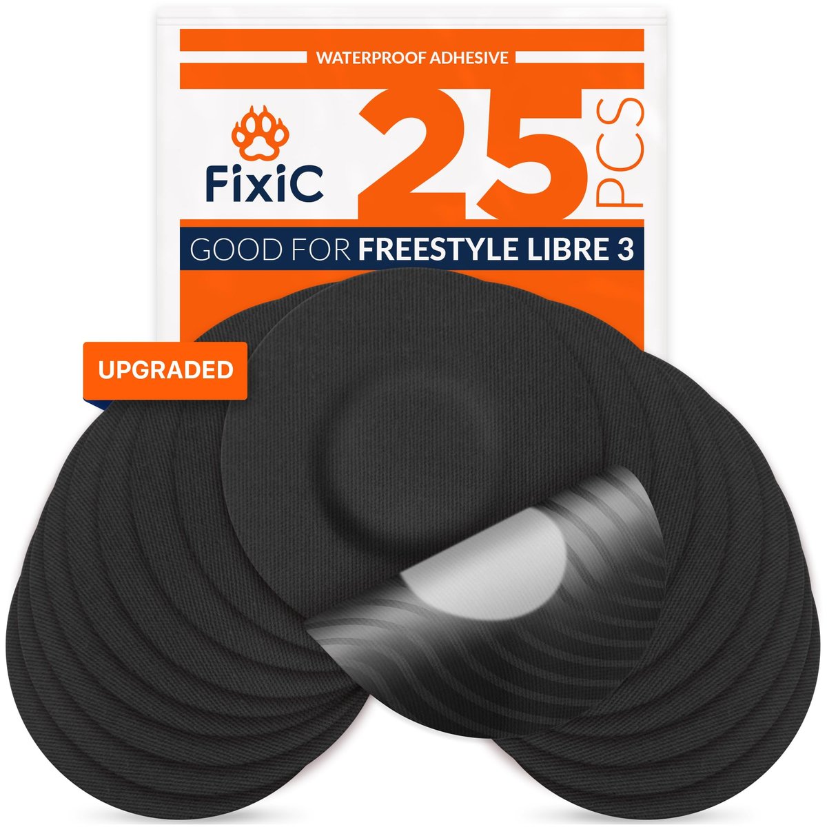 Fixic Libre 3 Sensorabdeckungen - 25 Stück - Freestyle Haftpflaster für Libre 3 & Plus Sensoren - Kein Kleber in der Mitte - Vorgeschnittenes Trägerpapier - Die beste Fixierung für Ihren Sensor! (Upgraded, Schwarz)