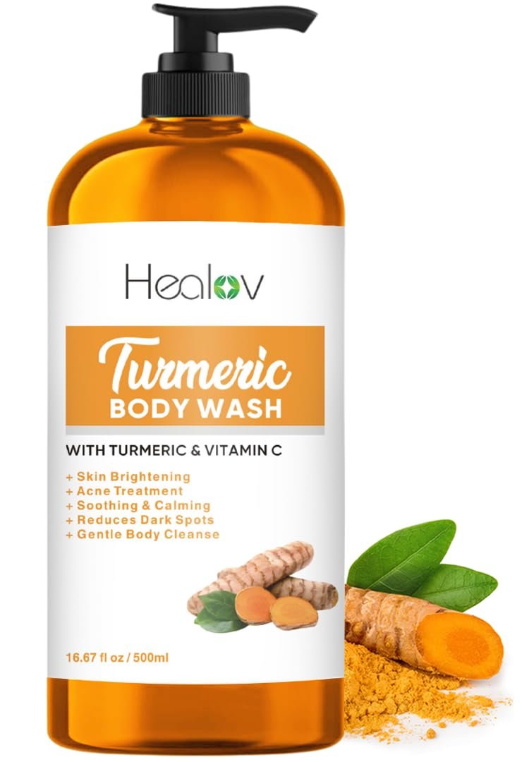 Ganskin Turmeric Body Wash – Hautaufhellende Seife gegen dunkle Flecken, Hyperpigmentierung – Peeling-Turmeric-Gesichtswasser reduziert Akne, Narben und reinigt die Haut – Natürliche flüssige Bade-Seife
