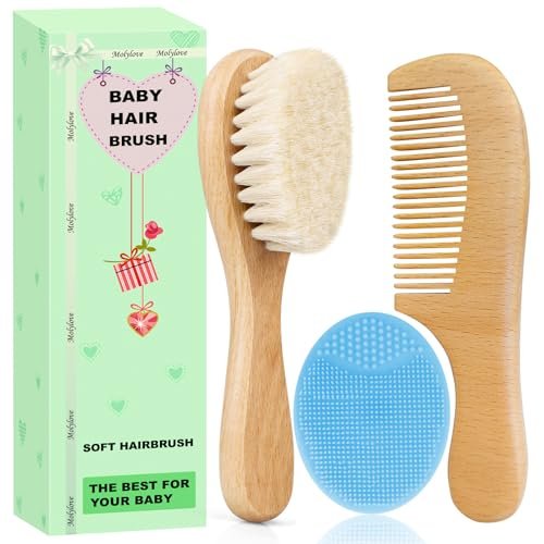 Molylove Baby Haarbürste mit Holzgriff und Kamm Set für Neugeborene & Kleinkinder | Naturweiche Ziegenborsten | Holzkamm | Blau | Ideal gegen Milchschorf (3-teilig)