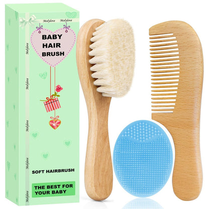 Molylove Baby Haarbürste mit Holzgriff und Kamm Set für Neugeborene & Kleinkinder | Naturweiche Ziegenborsten | Holzkamm | Blau | Ideal gegen Milchschorf (3-teilig)