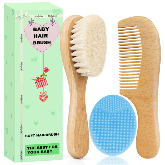Molylove Baby Haarbürste mit Holzgriff und Kamm Set für Neugeborene & Kleinkinder | Naturweiche Ziegenborsten | Holzkamm | Blau | Ideal gegen Milchschorf (3-teilig)