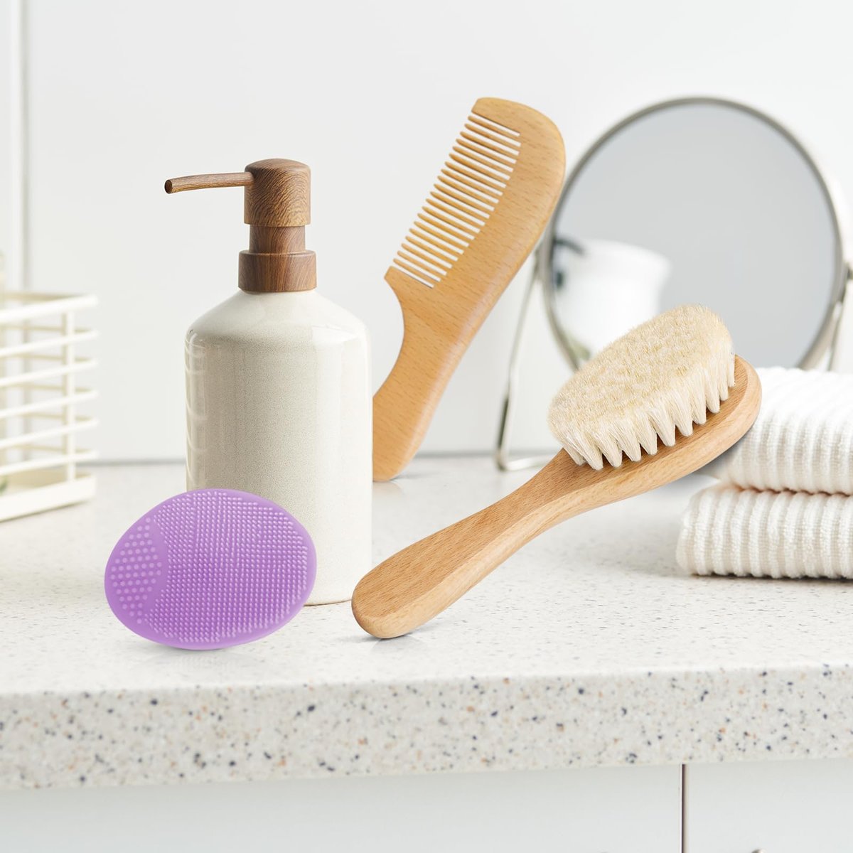 Molylove Baby Haarbürste mit Holzgriff und Kamm Set für Neugeborene & Kleinkinder | Naturweiche Ziegenborsten | Holzkamm | Blau | Ideal gegen Milchschorf (3-teilig)