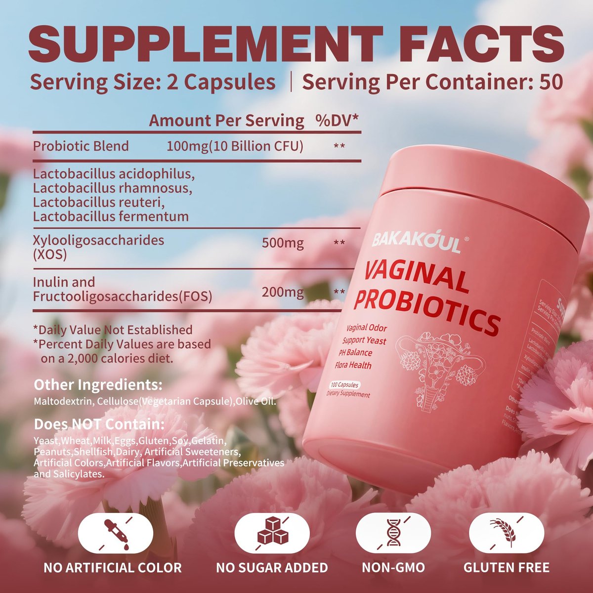 BAKAKOUL Vaginal Probiotikum mit Präbiotika & Lactobacillus-Mischung für Frauen – pH-Balance, vaginale Gesundheit, Reduzierung von Vaginalgeruch & vaginaler Flora – 100 Kapseln