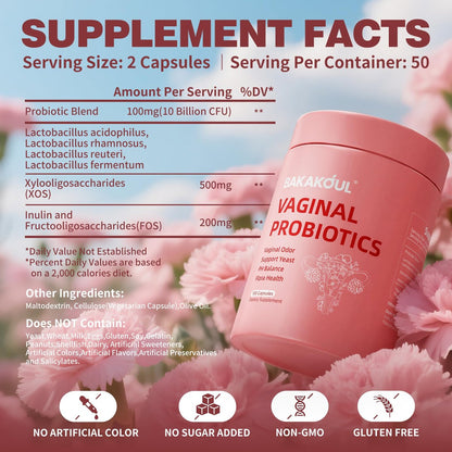 BAKAKOUL Vaginal Probiotikum mit Präbiotika & Lactobacillus-Mischung für Frauen – pH-Balance, vaginale Gesundheit, Reduzierung von Vaginalgeruch & vaginaler Flora – 100 Kapseln