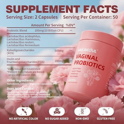 BAKAKOUL Vaginal Probiotikum mit Präbiotika & Lactobacillus-Mischung für Frauen – pH-Balance, vaginale Gesundheit, Reduzierung von Vaginalgeruch & vaginaler Flora – 100 Kapseln