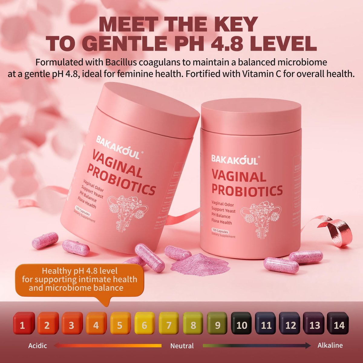 BAKAKOUL Vaginal Probiotikum mit Präbiotika & Lactobacillus-Mischung für Frauen – pH-Balance, vaginale Gesundheit, Reduzierung von Vaginalgeruch & vaginaler Flora – 100 Kapseln