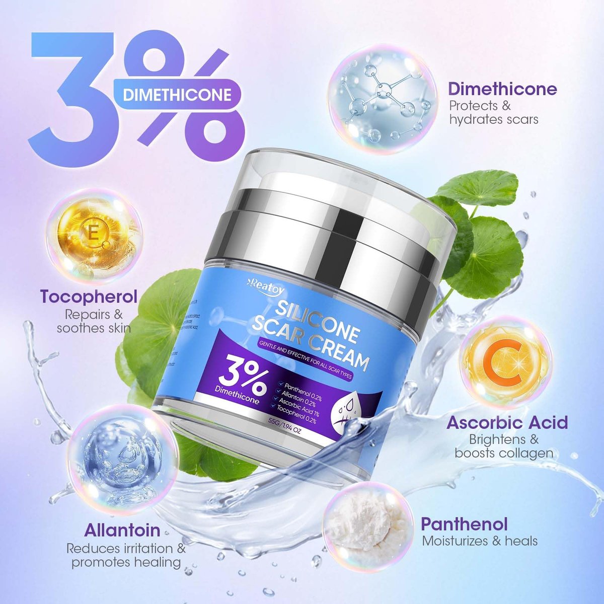 Reatoy Silikon Narbencreme für Operationsnarben, 3% Dimethicon Komplex Silikon Narbengel für alte & neue Narben, Kaiserschnitt, Schwangerschaft, Akne, Verletzungen, Keloid, Verbrennungen, nicht reizendes Narbenentfernungscreme (55 ml)