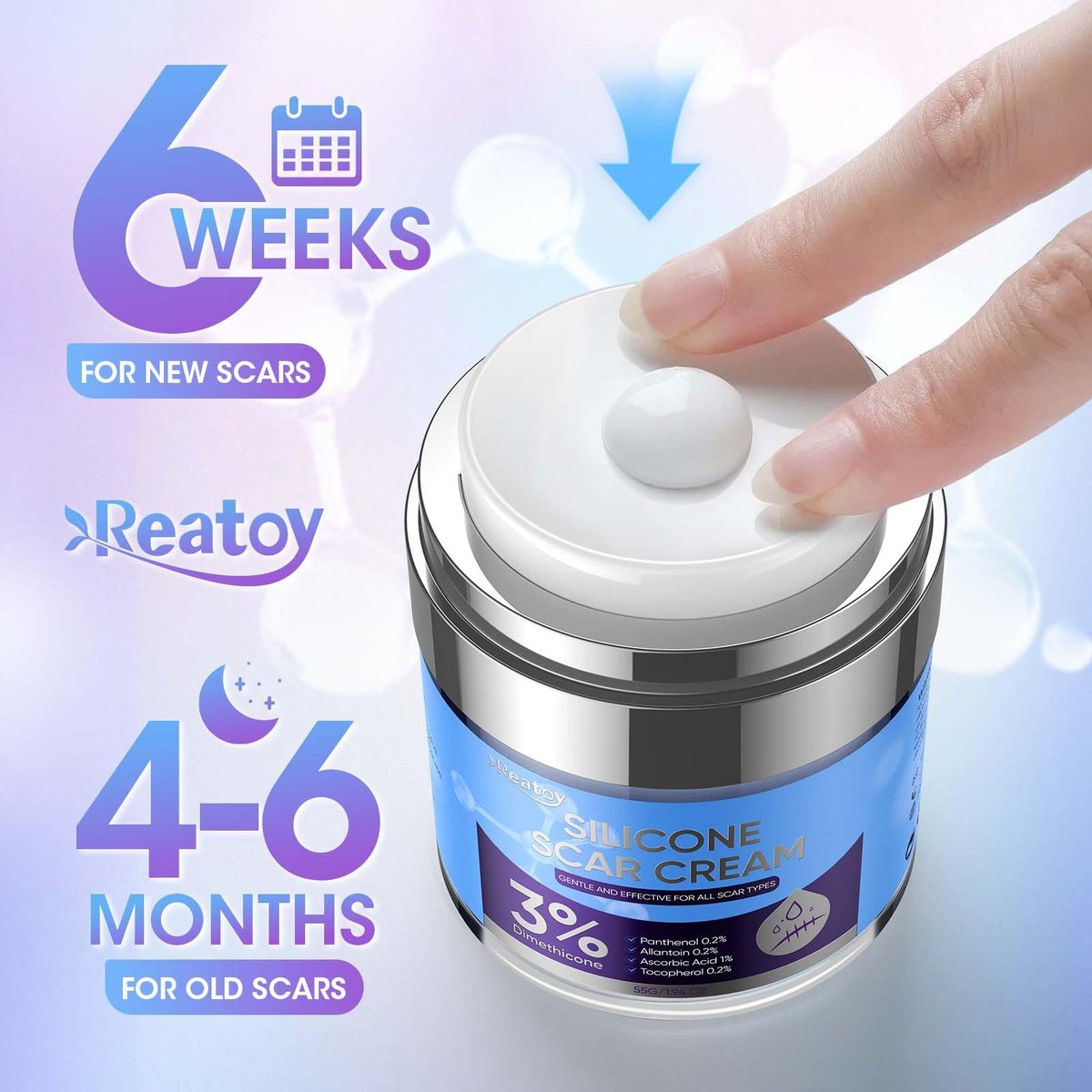 Reatoy Silikon Narbencreme für Operationsnarben, 3% Dimethicon Komplex Silikon Narbengel für alte & neue Narben, Kaiserschnitt, Schwangerschaft, Akne, Verletzungen, Keloid, Verbrennungen, nicht reizendes Narbenentfernungscreme (55 ml)