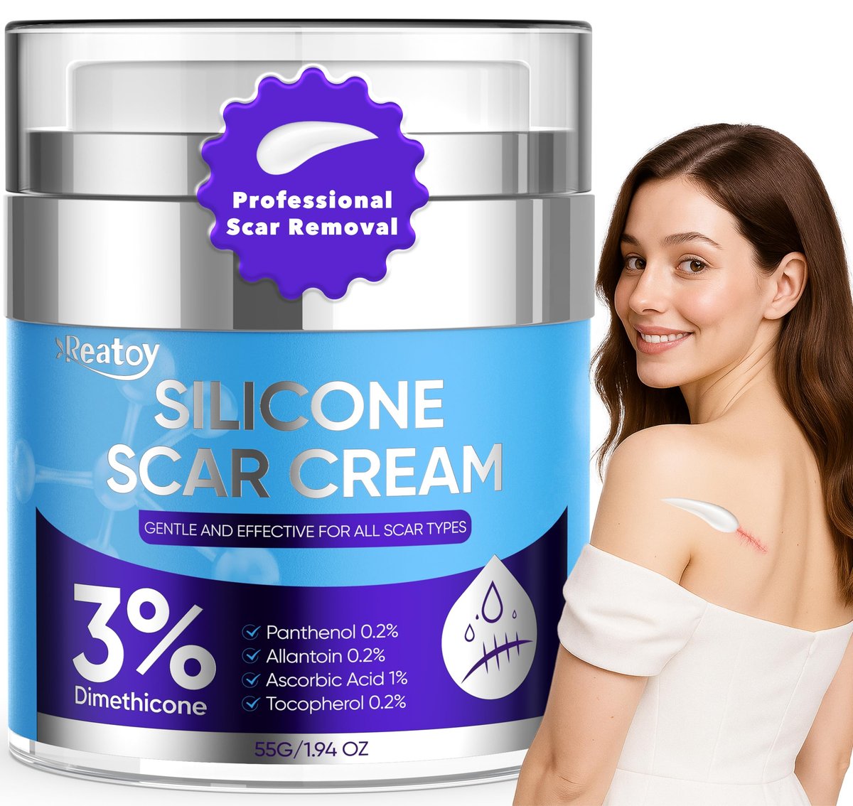 Reatoy Silikon Narbencreme für Operationsnarben, 3% Dimethicon Komplex Silikon Narbengel für alte & neue Narben, Kaiserschnitt, Schwangerschaft, Akne, Verletzungen, Keloid, Verbrennungen, nicht reizendes Narbenentfernungscreme (55 ml)