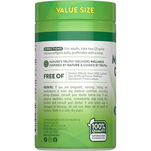Nature's Truth Magnesium Glycinat 250 mg | 120 Softgels | Hochdosiert & Gut Absorbierbar | Non-GMO & Glutenfrei | Mineralstoffpräparat
