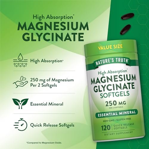 Nature's Truth Magnesium Glycinat 250 mg | 120 Softgels | Hochdosiert & Gut Absorbierbar | Non-GMO & Glutenfrei | Mineralstoffpräparat