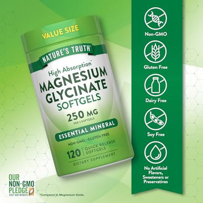Nature's Truth Magnesium Glycinat 250 mg | 120 Softgels | Hochdosiert & Gut Absorbierbar | Non-GMO & Glutenfrei | Mineralstoffpräparat