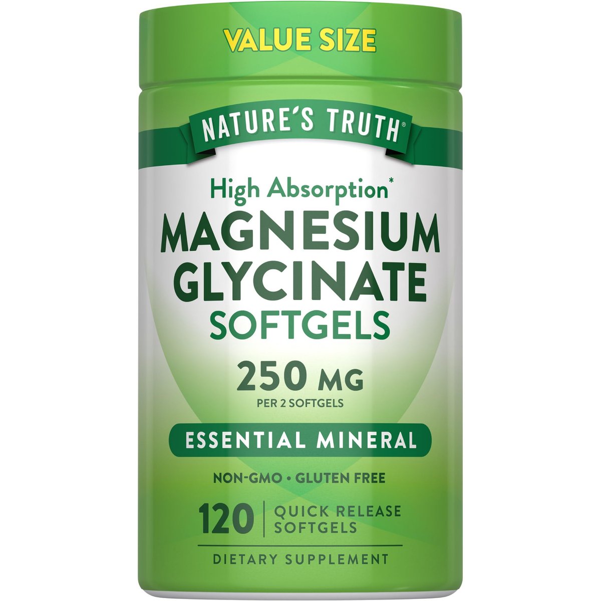 Nature's Truth Magnesium Glycinat 250 mg | 120 Softgels | Hochdosiert & Gut Absorbierbar | Non-GMO & Glutenfrei | Mineralstoffpräparat
