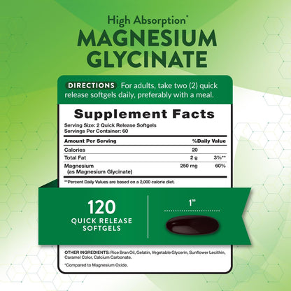 Nature's Truth Magnesium Glycinat 250 mg | 120 Softgels | Hochdosiert & Gut Absorbierbar | Non-GMO & Glutenfrei | Mineralstoffpräparat