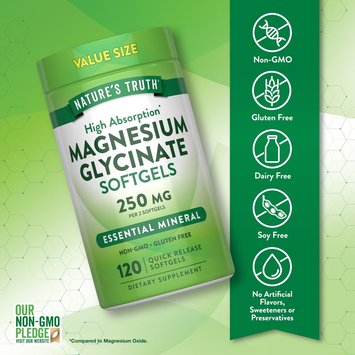 Nature's Truth Magnesium Glycinat 250 mg | 120 Softgels | Hochdosiert & Gut Absorbierbar | Non-GMO & Glutenfrei | Mineralstoffpräparat