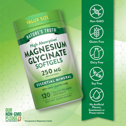 Nature's Truth Magnesium Glycinat 250 mg | 120 Softgels | Hochdosiert & Gut Absorbierbar | Non-GMO & Glutenfrei | Mineralstoffpräparat