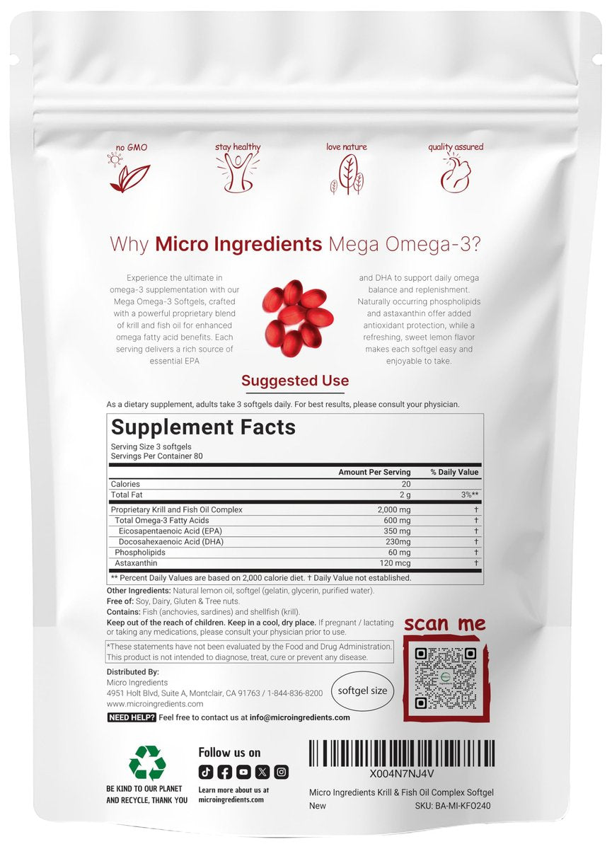 Mega Omega-3 Krill & Fischöl 2.000 mg Äquivalent, 240 Kapseln | Mit Zitronengeschmack | Aufstoßfrei | Essentielle Fettsäuren & Astaxanthin | EPA 350 mg + DHA 230 mg | Herz- & Gehirn-Nahrungsergänzung