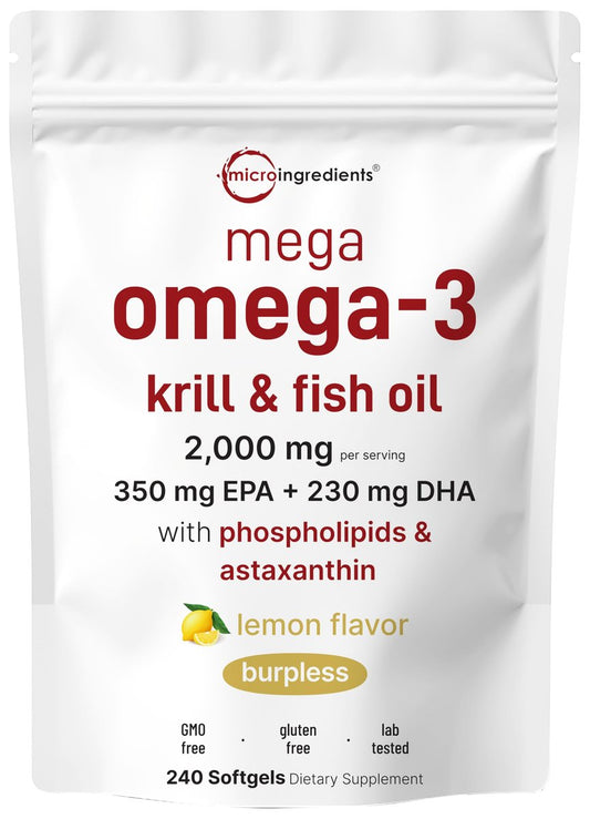 Mega Omega-3 Krill & Fischöl 2.000 mg Äquivalent, 240 Kapseln | Mit Zitronengeschmack | Aufstoßfrei | Essentielle Fettsäuren & Astaxanthin | EPA 350 mg + DHA 230 mg | Herz- & Gehirn-Nahrungsergänzung