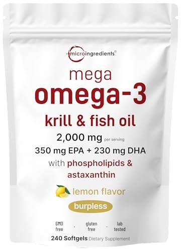 Mega Omega-3 Krill & Fischöl 2.000 mg Äquivalent, 240 Kapseln | Mit Zitronengeschmack | Aufstoßfrei | Essentielle Fettsäuren & Astaxanthin | EPA 350 mg + DHA 230 mg | Herz- & Gehirn-Nahrungsergänzung