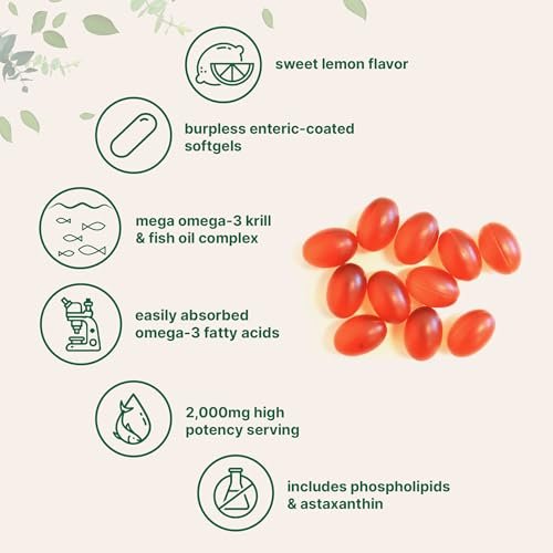 Mega Omega-3 Krill & Fischöl 2.000 mg Äquivalent, 240 Kapseln | Mit Zitronengeschmack | Aufstoßfrei | Essentielle Fettsäuren & Astaxanthin | EPA 350 mg + DHA 230 mg | Herz- & Gehirn-Nahrungsergänzung