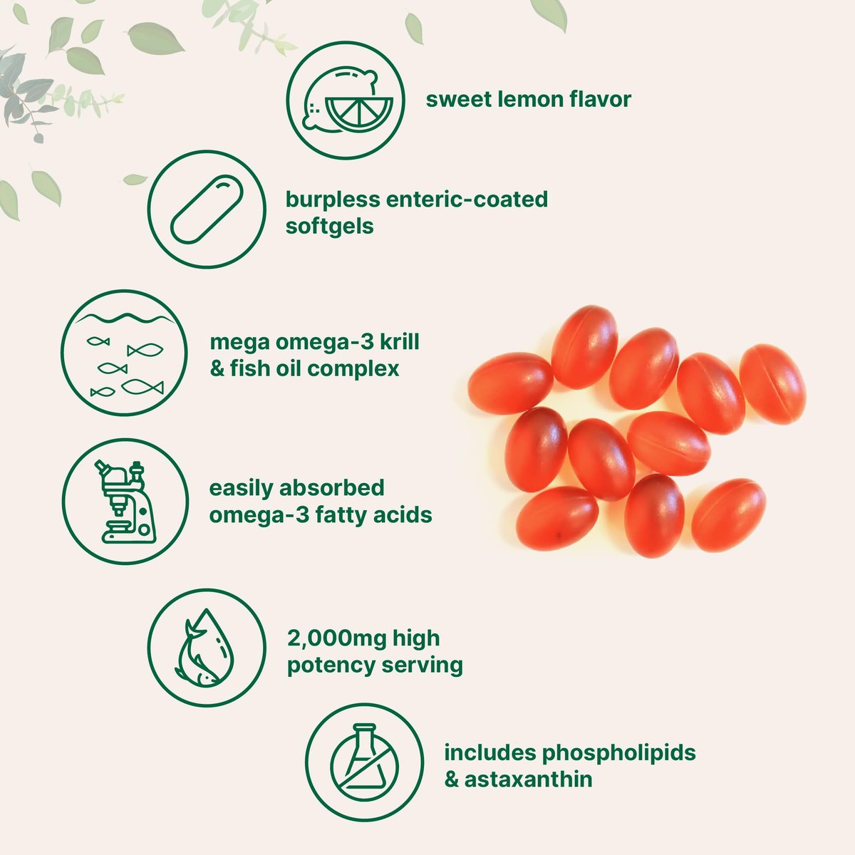 Mega Omega-3 Krill & Fischöl 2.000 mg Äquivalent, 240 Kapseln | Mit Zitronengeschmack | Aufstoßfrei | Essentielle Fettsäuren & Astaxanthin | EPA 350 mg + DHA 230 mg | Herz- & Gehirn-Nahrungsergänzung