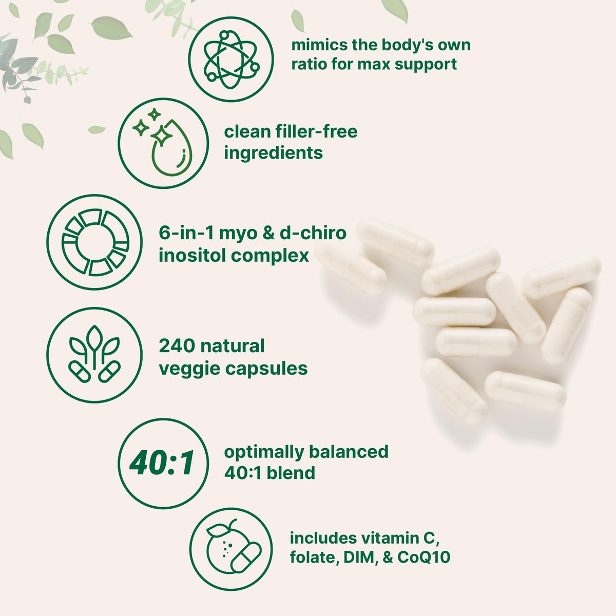 Myo-Inositol & D-Chiro Inositol 2.050 mg | 240 vegane Kapseln + Vitamin C, Folat, DIM & CoQ10 | Inositol-Präparat für Frauen | 40:1 Verhältnis | Hormonelle Balance & Eierstockunterstützung | Ohne Füllstoffe