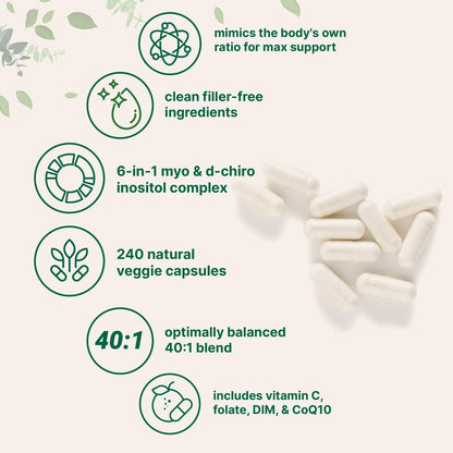 Myo-Inositol & D-Chiro Inositol 2.050 mg | 240 vegane Kapseln + Vitamin C, Folat, DIM & CoQ10 | Inositol-Präparat für Frauen | 40:1 Verhältnis | Hormonelle Balance & Eierstockunterstützung | Ohne Füllstoffe