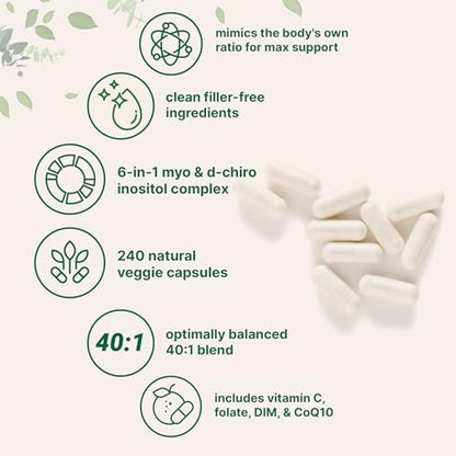 Myo-Inositol & D-Chiro Inositol 2.050 mg | 240 vegane Kapseln + Vitamin C, Folat, DIM & CoQ10 | Inositol-Präparat für Frauen | 40:1 Verhältnis | Hormonelle Balance & Eierstockunterstützung | Ohne Füllstoffe