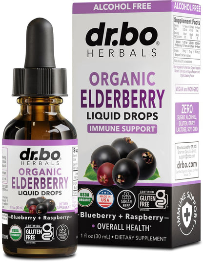 DR. BO Bio Holundersirup Organische Flüssigkeitstropfen - Zuckerfreie Immununterstützung für Erwachsene & Kinder, ab 1 Jahr - Reiner Bio Holundersirup Extrakt Konzentrat 1 Fl Oz