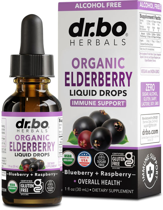 DR. BO Bio Holundersirup Organische Flüssigkeitstropfen - Zuckerfreie Immununterstützung für Erwachsene & Kinder, ab 1 Jahr - Reiner Bio Holundersirup Extrakt Konzentrat 1 Fl Oz