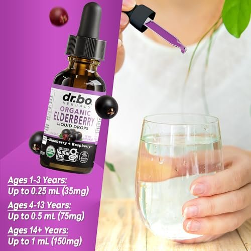 DR. BO Bio Holundersirup Organische Flüssigkeitstropfen - Zuckerfreie Immununterstützung für Erwachsene & Kinder, ab 1 Jahr - Reiner Bio Holundersirup Extrakt Konzentrat 1 Fl Oz