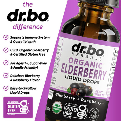 DR. BO Bio Holundersirup Organische Flüssigkeitstropfen - Zuckerfreie Immununterstützung für Erwachsene & Kinder, ab 1 Jahr - Reiner Bio Holundersirup Extrakt Konzentrat 1 Fl Oz