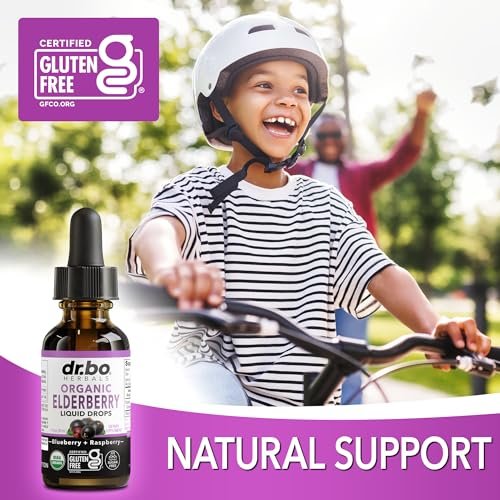 DR. BO Bio Holundersirup Organische Flüssigkeitstropfen - Zuckerfreie Immununterstützung für Erwachsene & Kinder, ab 1 Jahr - Reiner Bio Holundersirup Extrakt Konzentrat 1 Fl Oz