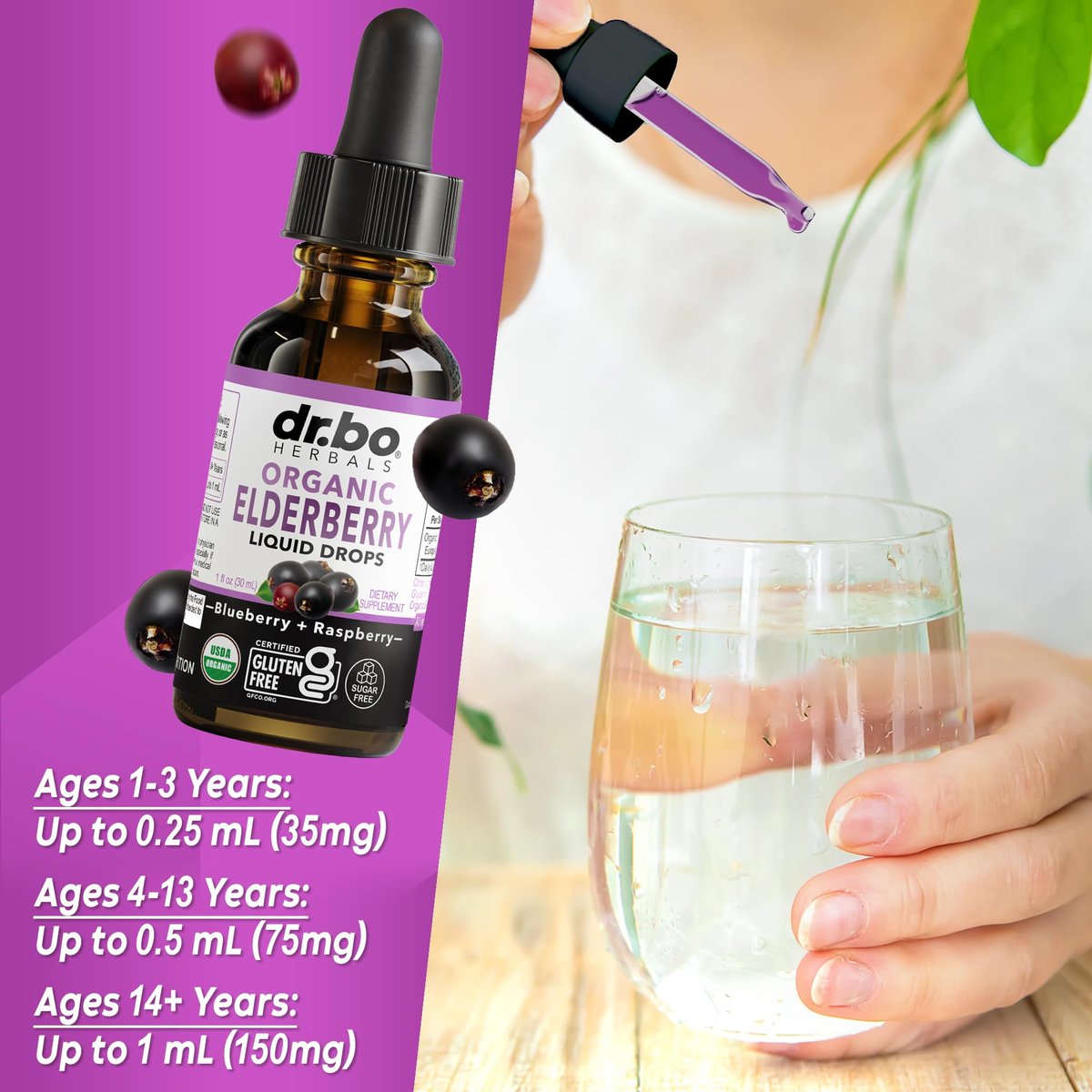 DR. BO Bio Holundersirup Organische Flüssigkeitstropfen - Zuckerfreie Immununterstützung für Erwachsene & Kinder, ab 1 Jahr - Reiner Bio Holundersirup Extrakt Konzentrat 1 Fl Oz