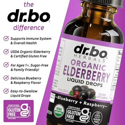 DR. BO Bio Holundersirup Organische Flüssigkeitstropfen - Zuckerfreie Immununterstützung für Erwachsene & Kinder, ab 1 Jahr - Reiner Bio Holundersirup Extrakt Konzentrat 1 Fl Oz