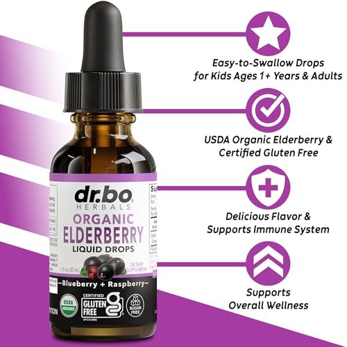 DR. BO Bio Holundersirup Organische Flüssigkeitstropfen - Zuckerfreie Immununterstützung für Erwachsene & Kinder, ab 1 Jahr - Reiner Bio Holundersirup Extrakt Konzentrat 1 Fl Oz