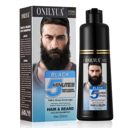 Männer Bartfarbe in 5 Minuten – Schwarze Bartfärbe Shampoo für Schnurrbart, 100% Grauabdeckung, Ansatzbehandlung, 3-in-1 Haarfarbe für Männer, langanhaltende Farbe für Gesichtshaare, 200 ml