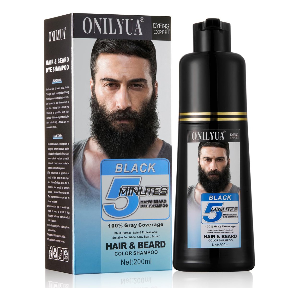 Männer Bartfarbe in 5 Minuten – Schwarze Bartfärbe Shampoo für Schnurrbart, 100% Grauabdeckung, Ansatzbehandlung, 3-in-1 Haarfarbe für Männer, langanhaltende Farbe für Gesichtshaare, 200 ml