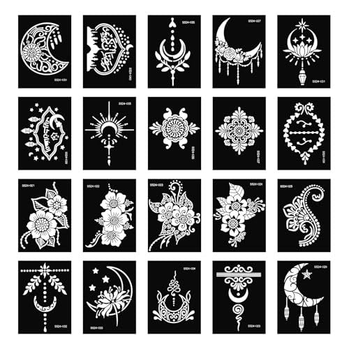 20 Blätter Temporäre Tattoo-Schablonen Set, Tätowier-Vorlagen für echte Tattoos, Mehndi-Schablonen für Kinder, Jugendliche und Erwachsene, Körperbemalung