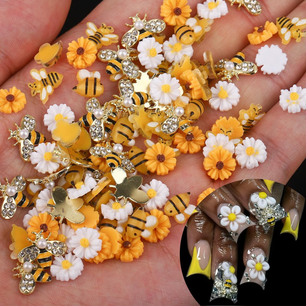 ROFIBUT Tiny Bee Nail Art Charms – 60-teiliges Set mit Harz-Blumen, Bienen und Goldlegierung für frühlingshafte Nageldesigns