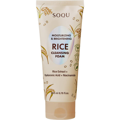 SOQU Rice Foam Cleanser mit Niacinamid & Hyaluronsäure – Sanfte koreanische Gesichtsreinigung für Feuchtigkeit & Aufhellung – Hergestellt in Korea – 200ml