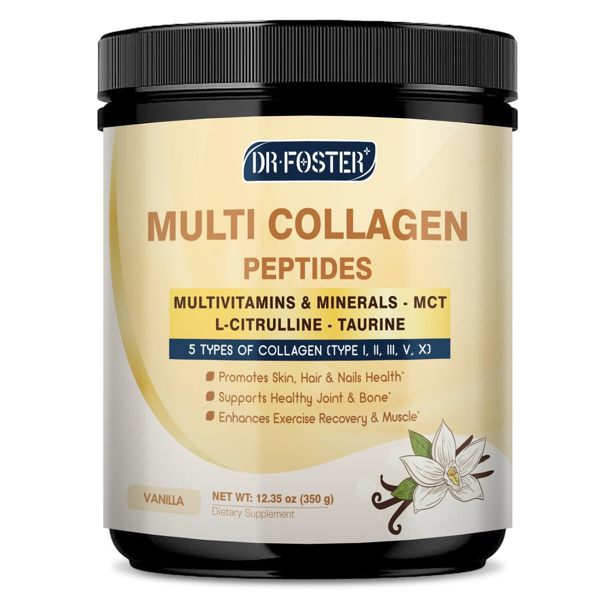 DRFOSTER Vanille Kollagen Peptide Pulver für Frauen & Männer, Multi Typ I II III V X Kollagen mit Multivitaminen & Mineralien für Haut, Haare & Nägel & Gelenke, Nicht-GVO, 35 Portionen