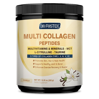 DRFOSTER Vanille Kollagen Peptide Pulver für Frauen & Männer, Multi Typ I II III V X Kollagen mit Multivitaminen & Mineralien für Haut, Haare & Nägel & Gelenke, Nicht-GVO, 35 Portionen