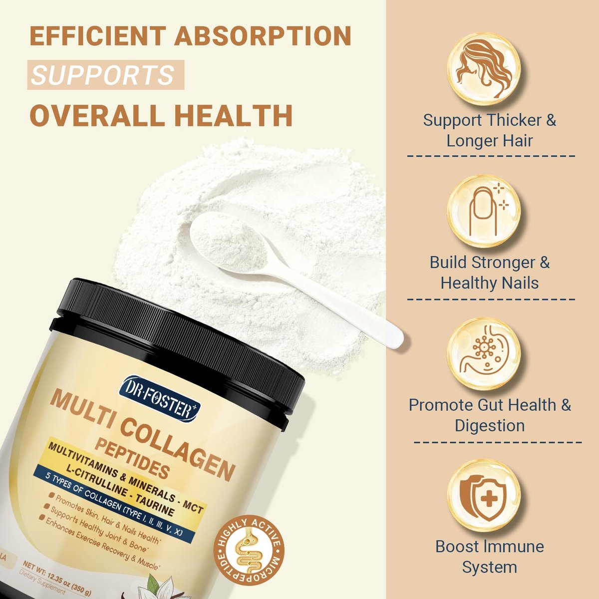 DRFOSTER Vanille Kollagen Peptide Pulver für Frauen & Männer, Multi Typ I II III V X Kollagen mit Multivitaminen & Mineralien für Haut, Haare & Nägel & Gelenke, Nicht-GVO, 35 Portionen