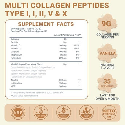 DRFOSTER Vanille Kollagen Peptide Pulver für Frauen & Männer, Multi Typ I II III V X Kollagen mit Multivitaminen & Mineralien für Haut, Haare & Nägel & Gelenke, Nicht-GVO, 35 Portionen