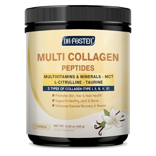 DRFOSTER Vanille Kollagen Peptide Pulver für Frauen & Männer, Multi Typ I II III V X Kollagen mit Multivitaminen & Mineralien für Haut, Haare & Nägel & Gelenke, Nicht-GVO, 35 Portionen